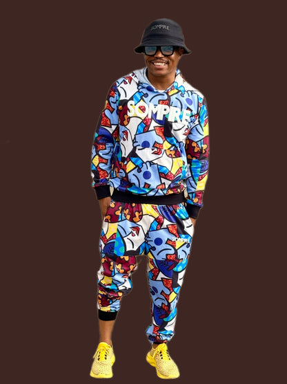 Blue Smiley Face Print - Tracksuit Set